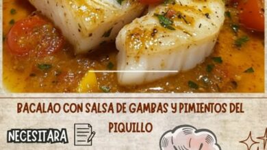 Bacalao con Salsa de Gambas y Pimientos del Piquillo
