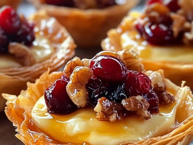 Tazas de arándanos y nueces brie con llovizna de miel Tazas de arándanos y nueces brie con llovizna de miel